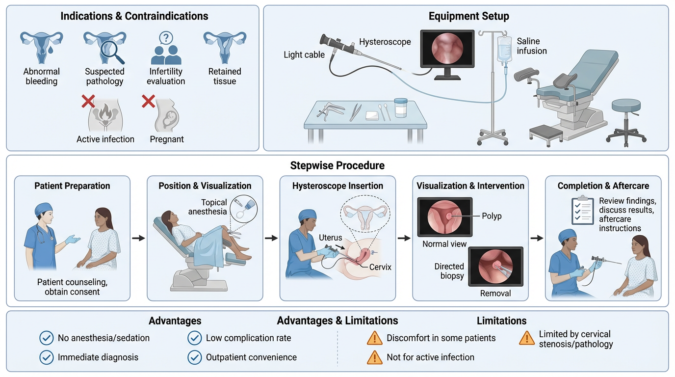 An infographic detailing the process of hysteroscopy, including indications such as abnormal bleeding and infertility, equipment setup with a hysteroscope and saline infusion, step-by-step procedure like patient preparation with counseling, position with anesthesia, hysteroscope insertion, visualization with polyp removal, and aftercare with reviewing findings.