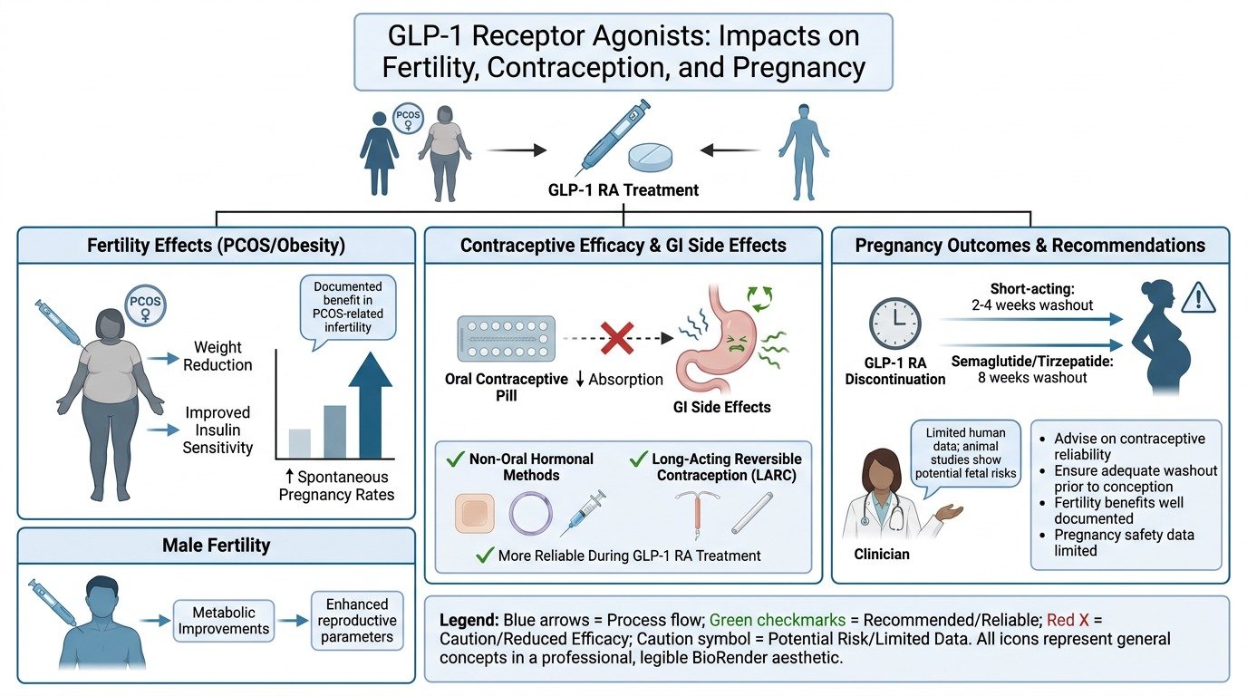 Diagram illustrating the impacts of GLP-1 receptor agonists on fertility, contraception, and pregnancy. It includes sections on fertility effects such as weight loss and improved insulin sensitivity, contraceptive efficacy through oral pills with few