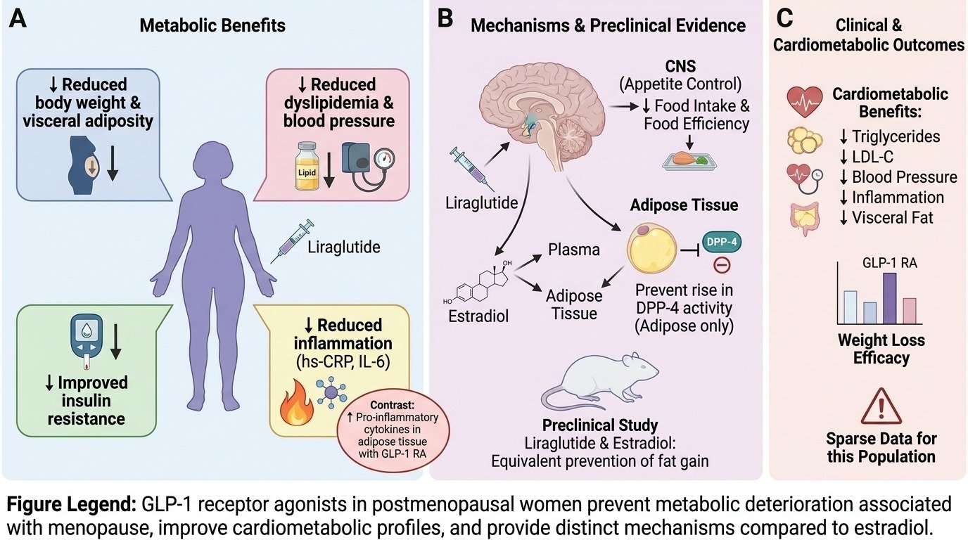 Diagram showing benefits of GLP-1 receptor agonists in postmenopausal women for metabolic health. It includes three sections: 'Metabolic Benefits' with reduced body weight, dyslipidemia, blood pressure, inflammation, and improved insulin resistance; 