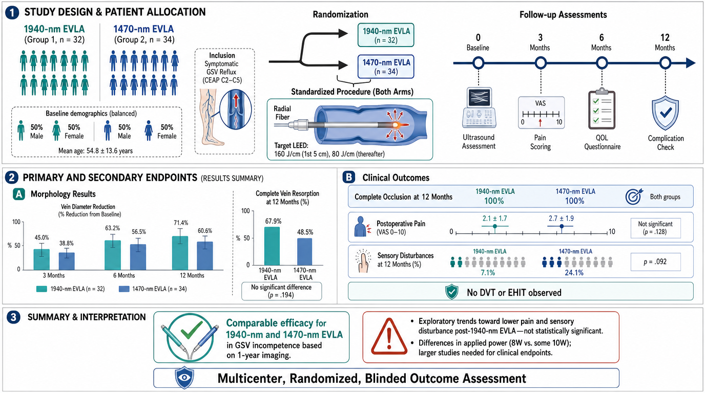 Poster summarizing a clinical study on the design and patient allocation for an experiment comparing 1940-nm and 1470-nm EVLA treatments. It includes participant demographics, study procedures, endpoints, clinical outcomes, and conclusions with textu