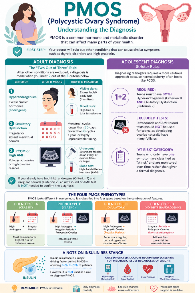 Infographic explaining Polycystic Ovary Syndrome (PCOS). It includes an illustration of a woman, a diagram of the female reproductive system, and sections titled 'Adult Diagnosis,' 'Adolescent Diagnosis,' 'The Four PMOS Phenotypes,' and a note on ins