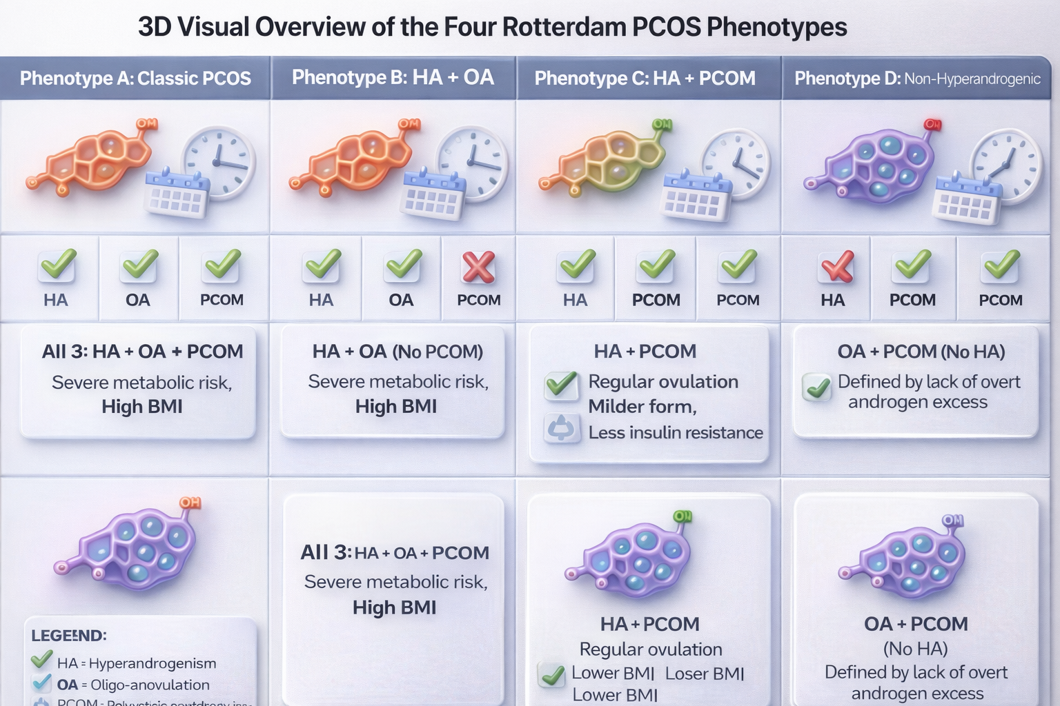 A chart showing 3D visual overview of four Rotterdam PCOS phenotypes with icons, checkmarks, and descriptions about hormonal and metabolic features related to each phenotype.