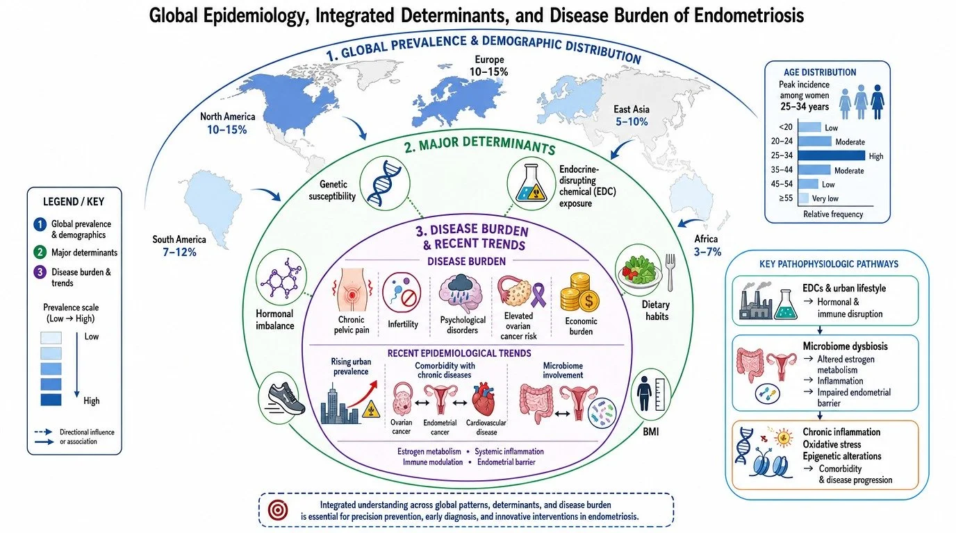 Map showing global prevalence of endometriosis with world regions color-coded by prevalence rate. A legend explains prevalence scale from low to high. Another section lists major determinants like genetic susceptibility and chemical exposure, with ic
