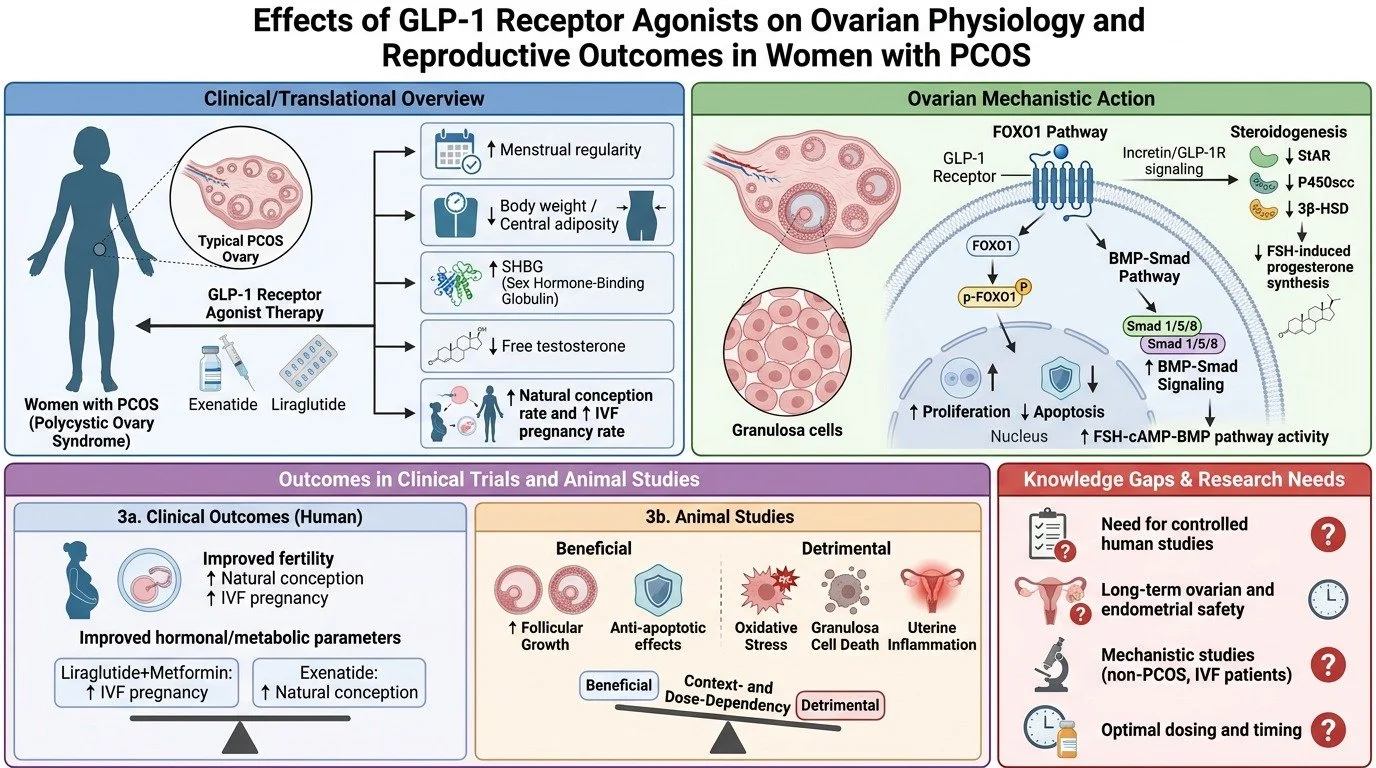 An infographic showing the effects of GLP-1 receptor agonists on ovarian physiology and reproductive outcomes in women with PCOS. The diagram includes sections on clinical overview, ovarian mechanism action, clinical trial outcomes, animal study outc