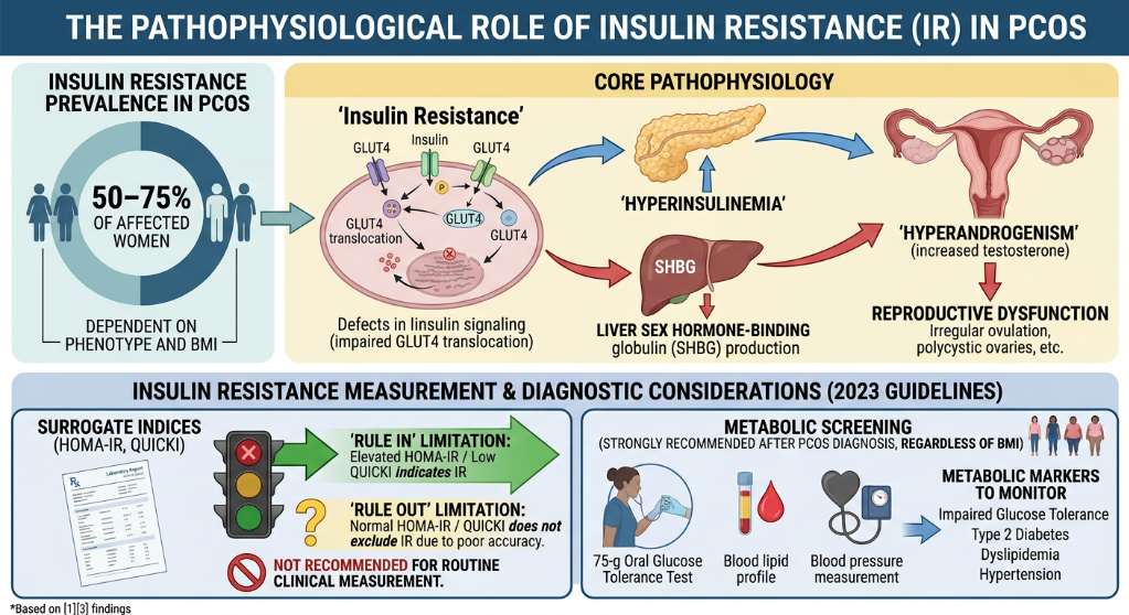 Diagram illustrating the relationship between insulin resistance and PCOS, showing prevalence, core pathophysiology with impaired GLUT4 translocation, effects like hyperinsulinemia and hyperandrogenism, reproductive dysfunction, and diagnostic guidel