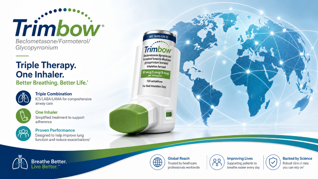 Packaging of Trimbow inhaler with a digital world map in the background, highlighting global reach, and text detailing its triple therapy for respiratory health.