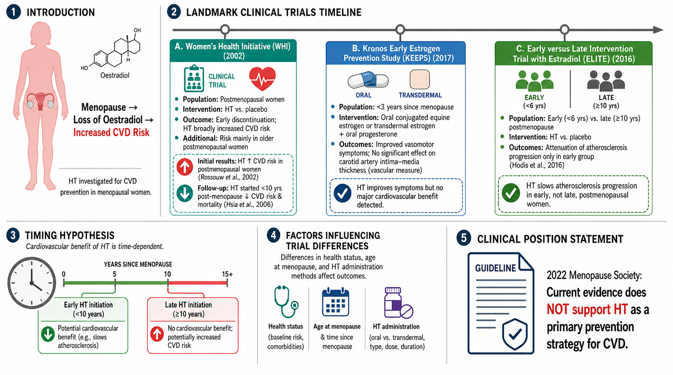 A detailed infographic about menopause and cardiovascular disease risk. It includes five sections: 1) Introduction with estrogen and menopause schematic illustrating increased cardiovascular risk; 2) Landmark clinical trial timelines on women's healt