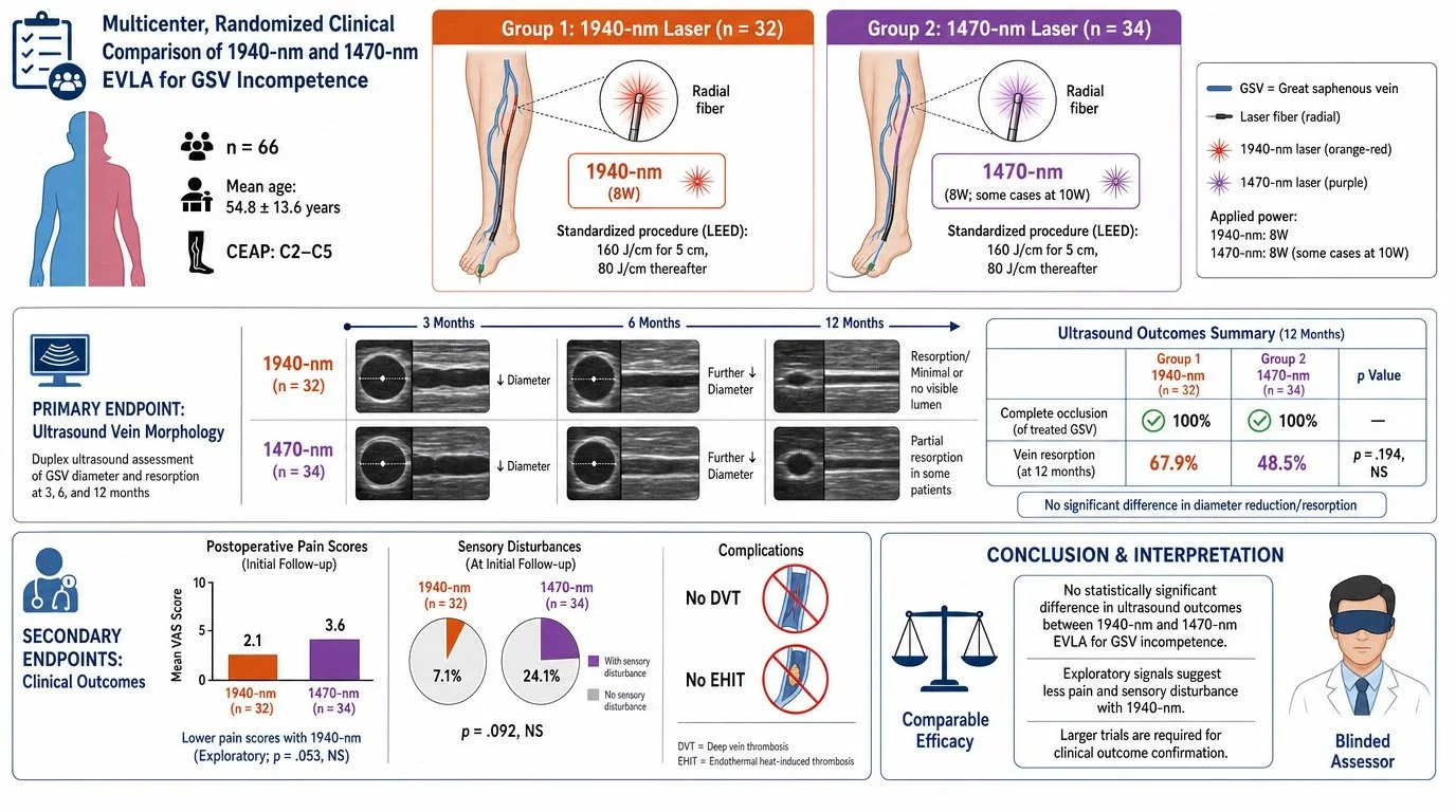 Summary of a clinical study comparing 1940-nm laser and 1470-nm laser for endovenous laser ablation of great saphenous vein (GSV). Includes diagrams of vein treatment procedures, patient demographics, ultrasound outcomes at 12 months showing complete