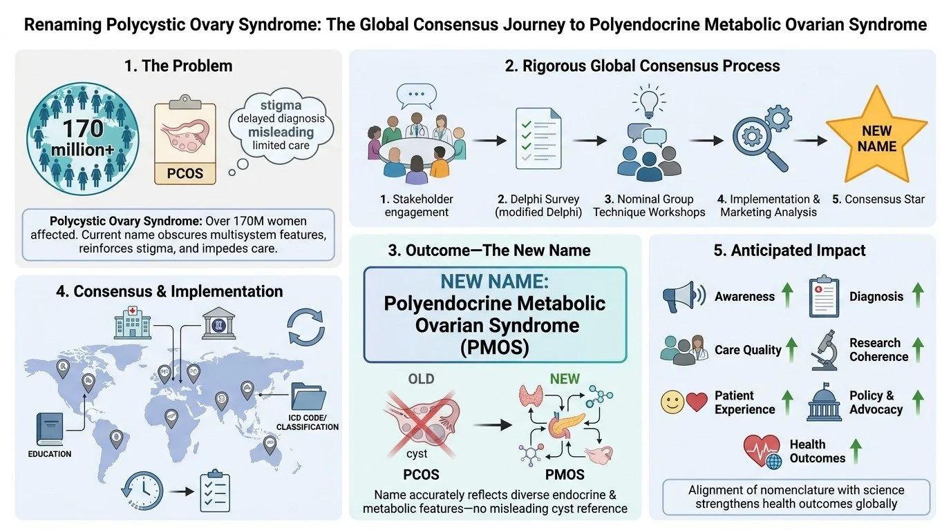 Infographic explaining the renaming of Polycystic Ovary Syndrome to Polyendocrine Metabolic Ovarian Syndrome, detailing the global consensus process, anticipated impacts, and implementation efforts.