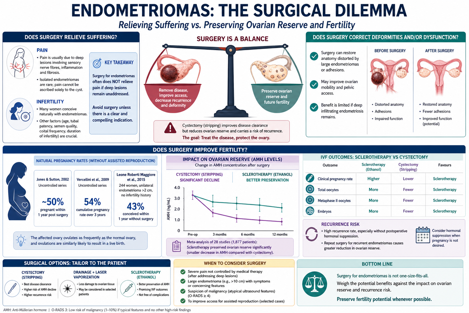 Infographic titled "Endometriomas: The Surgical Dilemma" comparing benefits and drawbacks of ovarian cyst removal surgery versus ovarian preservation. Sections cover pain, infertility, surgery impact, delivery options, and recommendations.