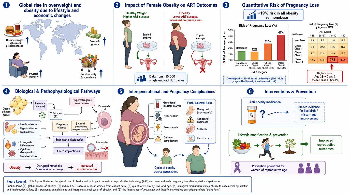 Infographic with six panels discussing obesity and pregnancy risks: 1) Global rise in overweight and obesity due to lifestyle and economic factors, showing a woman on couch, food, and money. 2) Positive impact of ART success on healthy weight, and ne
