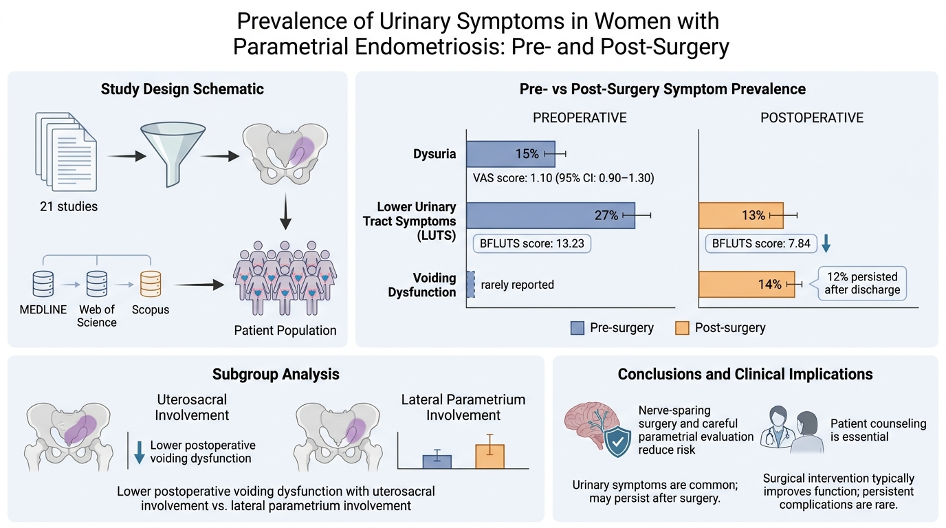 A research infographic on urinary symptoms in women with parametrial endometriosis before and after surgery. It includes study design schematic, symptom prevalence pre- and post-surgery, subgroup analysis, and clinical implications.