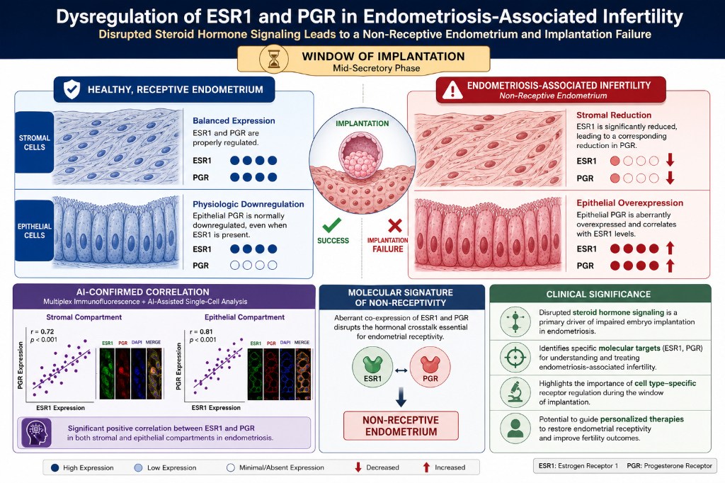Diagram illustrating the effects of dysregulation of ESR1 and PGR in endometriosis-associated infertility. It compares healthy receptive endometrium with endometriosis-associated infertility, showing hormonal regulation, cellular changes, molecular s