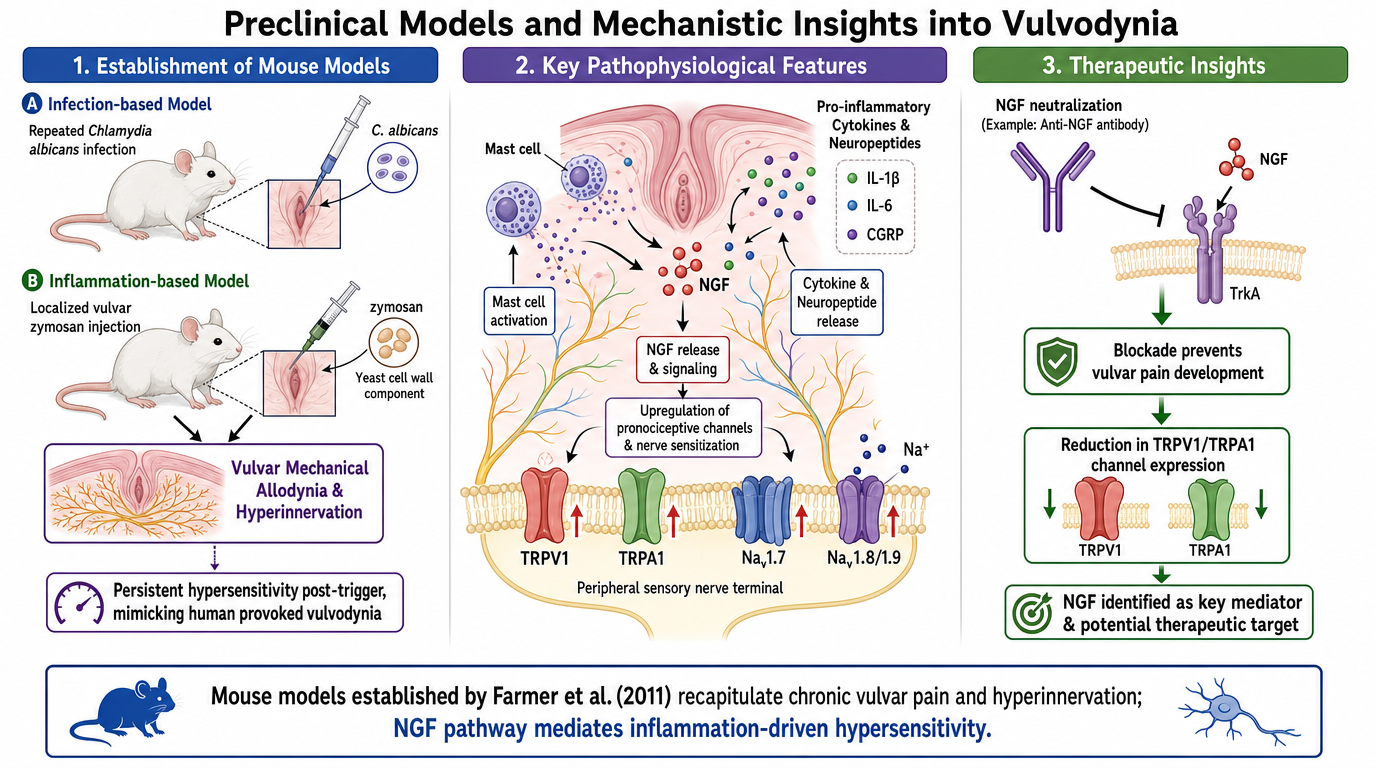 Diagram illustrating preclinical models and mechanisms of vulvodynia, including infection-based and inflammation-based models, key pathophysiological features like nerve activation and cytokine release, and therapeutic insights such as NGF blockade a