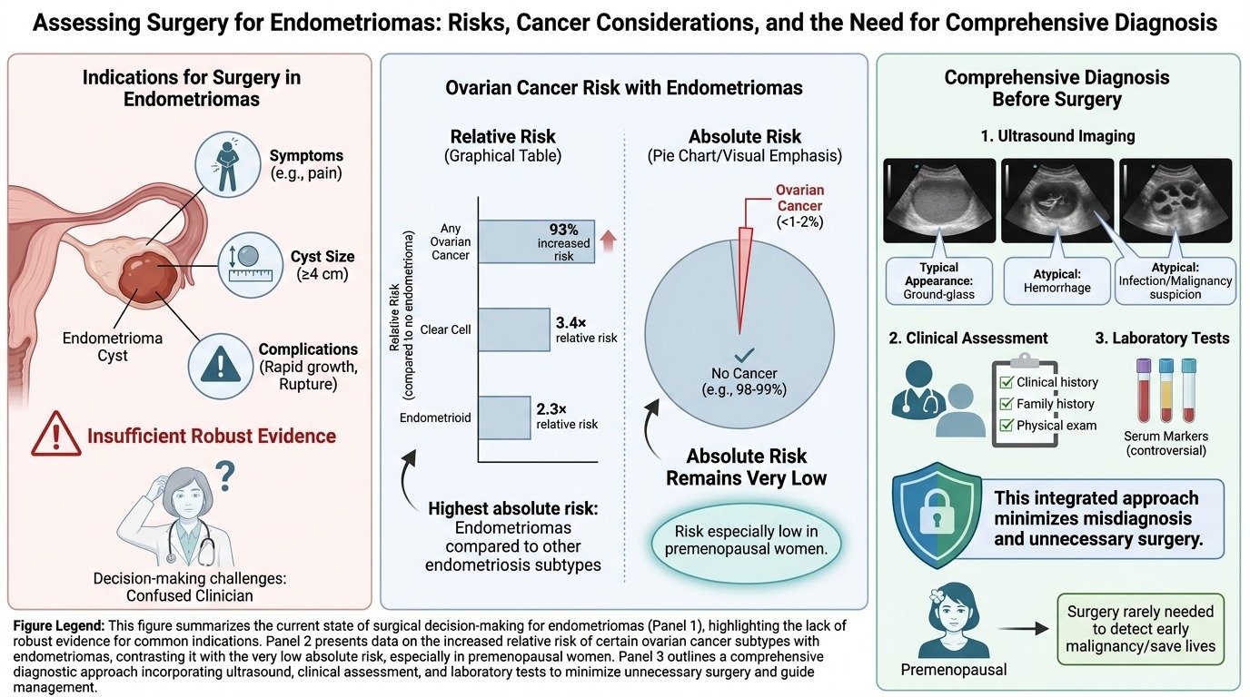 An infographic titled 'Assessing Surgery for Endometriomas: Risks, Cancer Considerations, and the Need for Comprehensive Diagnosis.' It is divided into three panels. The first panel discusses indications for surgery, highlighting symptoms, cyst size,
