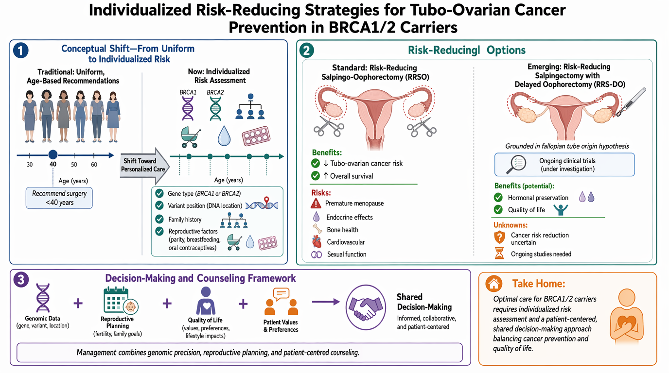 Infographic detailing strategies for preventing tubo-ovarian cancer in BRCA1/2 carriers. It covers conceptual shift from uniform to individualized risk assessment, risk-reducing surgical options (salpingo-oophorectomy and delayed oophorectomy), and a