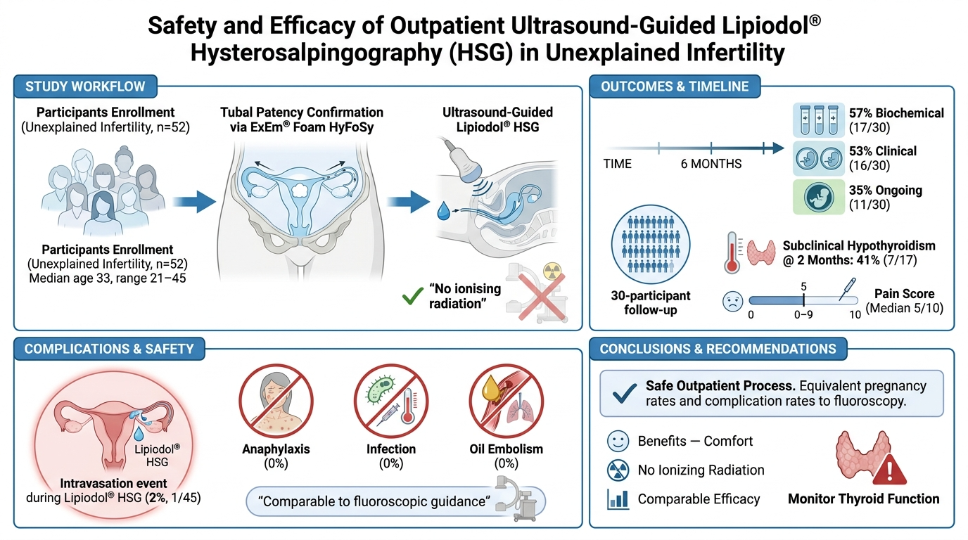 Infographic about safety and efficacy of outpatient ultrasound-guided lipiodol HSG in unexplained infertility. Includes study workflow, outcomes timeline, complications, and conclusions. Shows 52 participants, safe procedure, no major complications, 
