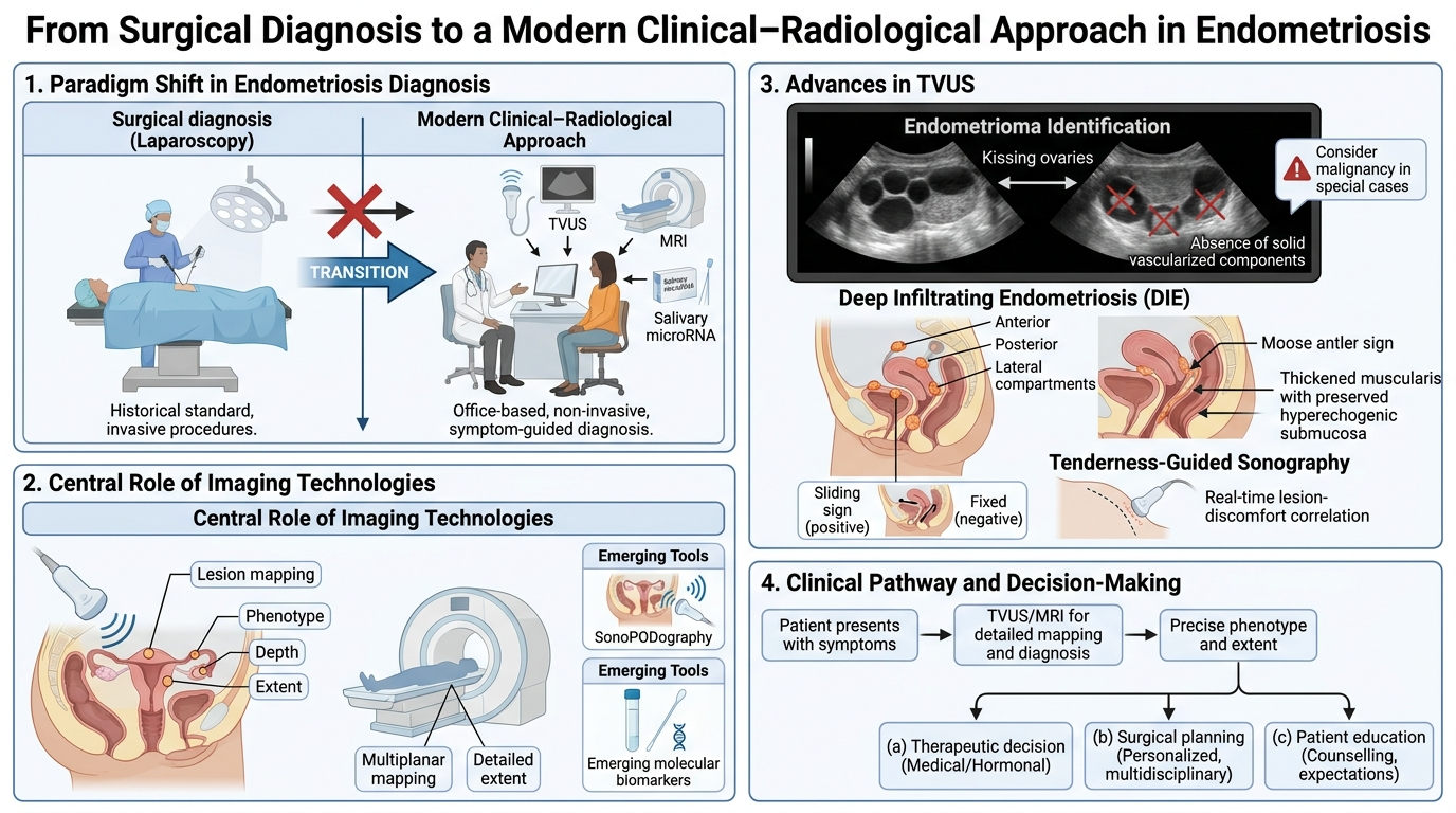 Diagram showing the evolution of endometriosis diagnosis from surgical methods to modern radiological approaches. It highlights advances such as TVUS, MRI, and salivary microRNA analysis, and emphasizes the role of imaging technology and decision-mak