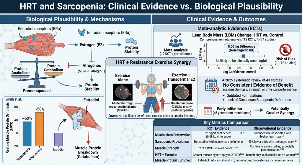 A detailed infographic comparing hormone replacement therapy (HRT) and sarcopenia, focusing on biological mechanisms and clinical evidence, including meta-analyses, key metrics, and exercise impact on muscle mass and strength in postmenopausal women.