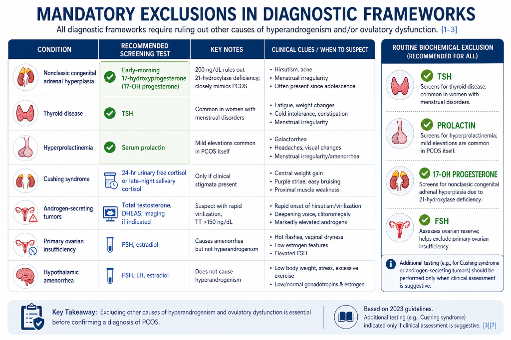 A chart titled 'Mandatory exclusions in diagnostic frameworks' listing conditions like nonclassical congenital adrenal hyperplasia, thyroid disease, hyperprolactinemia, Cushing syndrome, androgen-secreting tumors, primary ovarian insufficiency, and h