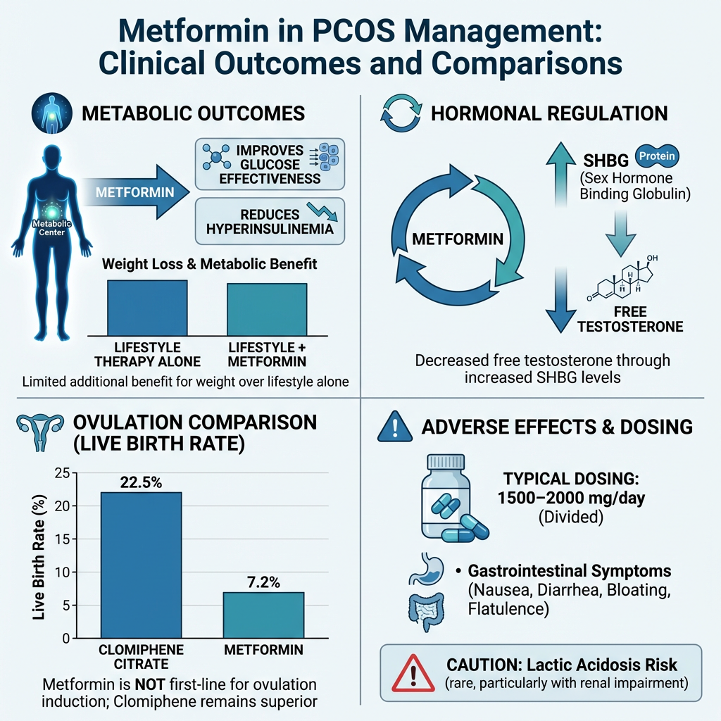An infographic titled 'Metformin in PCOS Management: Clinical Outcomes and Comparisons' with sections on metabolic outcomes, hormonal regulation, ovulation comparison, adverse effects, and dosing. Features include icons of a human body, a cycle arrow, bar graphs, a pill bottle, and a warning symbol.