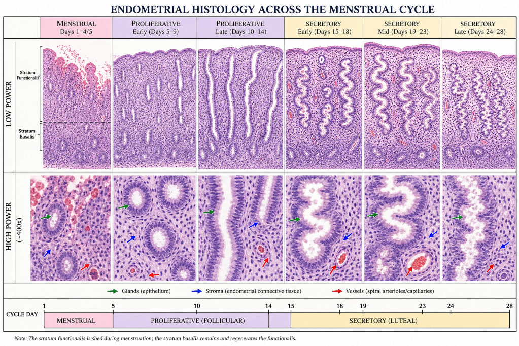 Histological chart of endometrial changes throughout the menstrual cycle. Shows different phases: menstrual, proliferative, and secretory, with detailed microscopic images at high power. The chart illustrates glands, stroma, and vessels in the endome