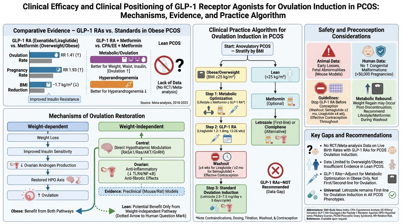 A detailed infographic explaining the clinical efficacy and positioning of GLP-1 receptor agonists for ovulation induction in PCOS, comparing evidence, clinical algorithms, safety considerations, and key gaps in data.