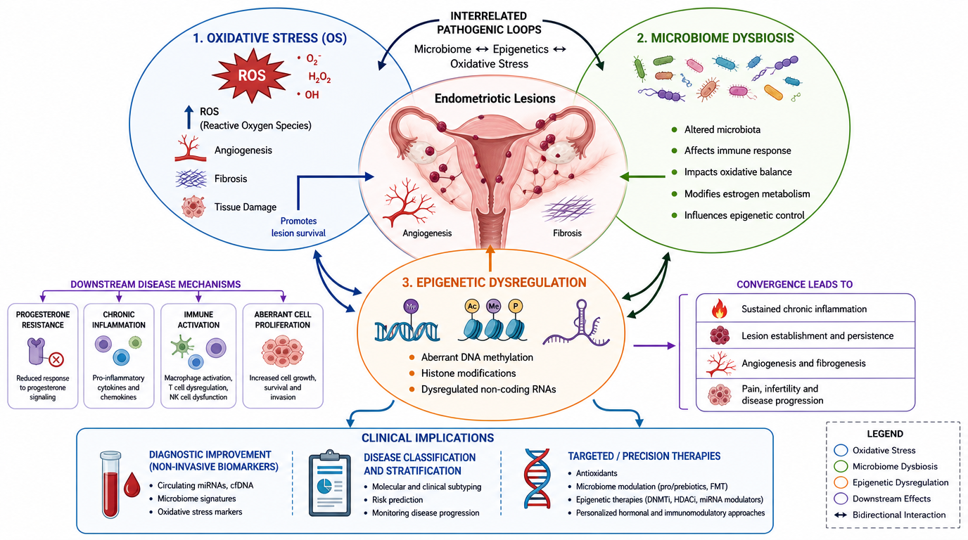Diagram illustrating the interconnected mechanisms of endometriotic lesions, including oxidative stress, microbiome dysbiosis, and epigenetic dysregulation, and their impact on disease progression and clinical implications.