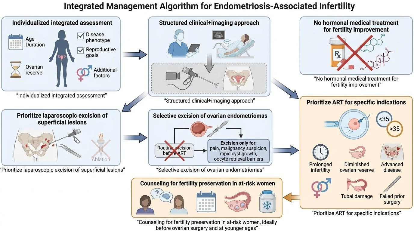 Flowchart depicting an integrated management algorithm for endometriosis-associated infertility. It includes assessment of disease phenotype, reproductive goals, and additional factors. The approach emphasizes structured clinical and imaging procedur