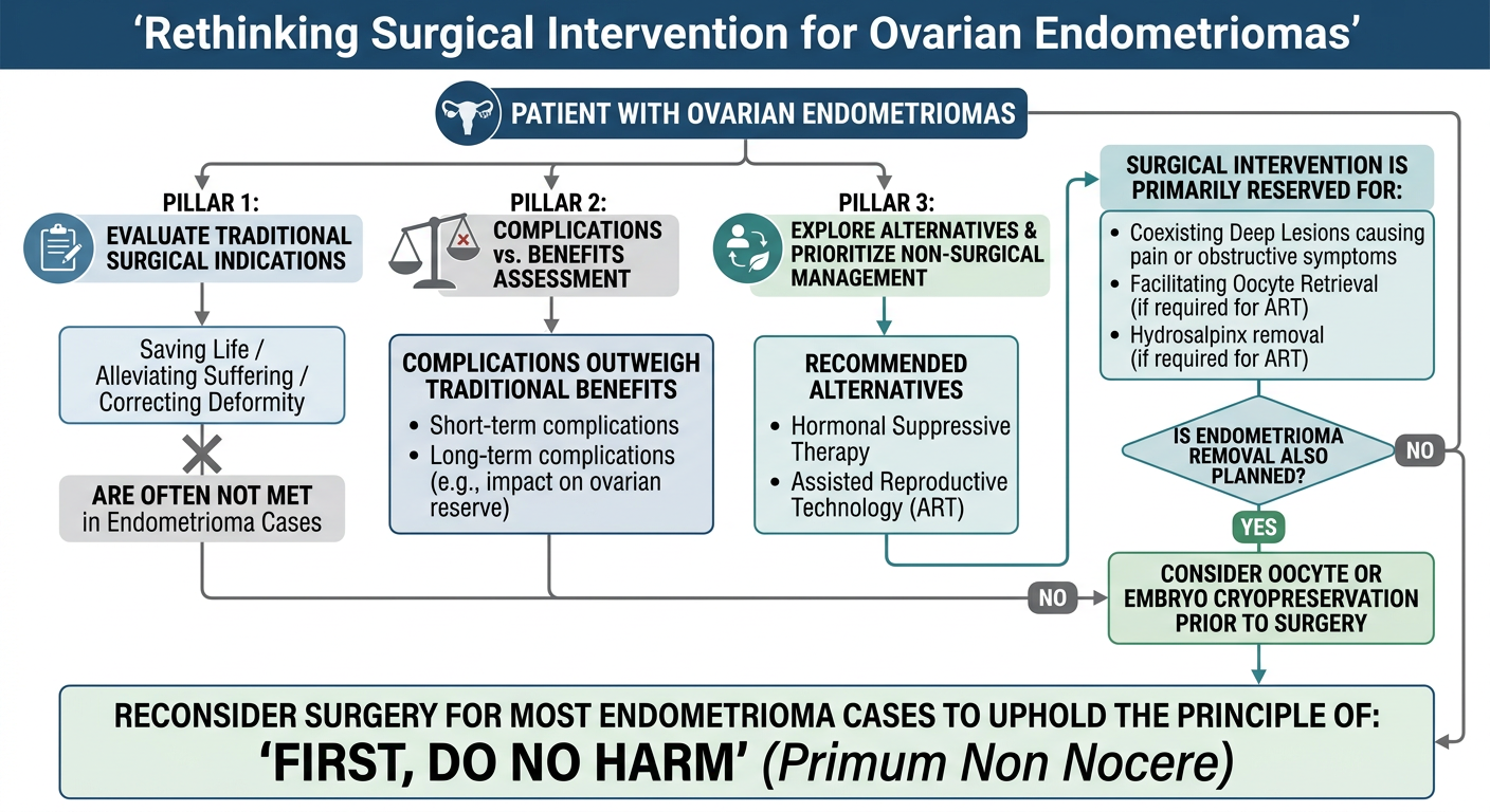Flowchart titled 'Rethinking Surgical Intervention for Ovarian Endometriomas.' It outlines a decision-making process for patients with ovarian endometriomas, starting with evaluation of traditional surgical indications, complication assessment, explo