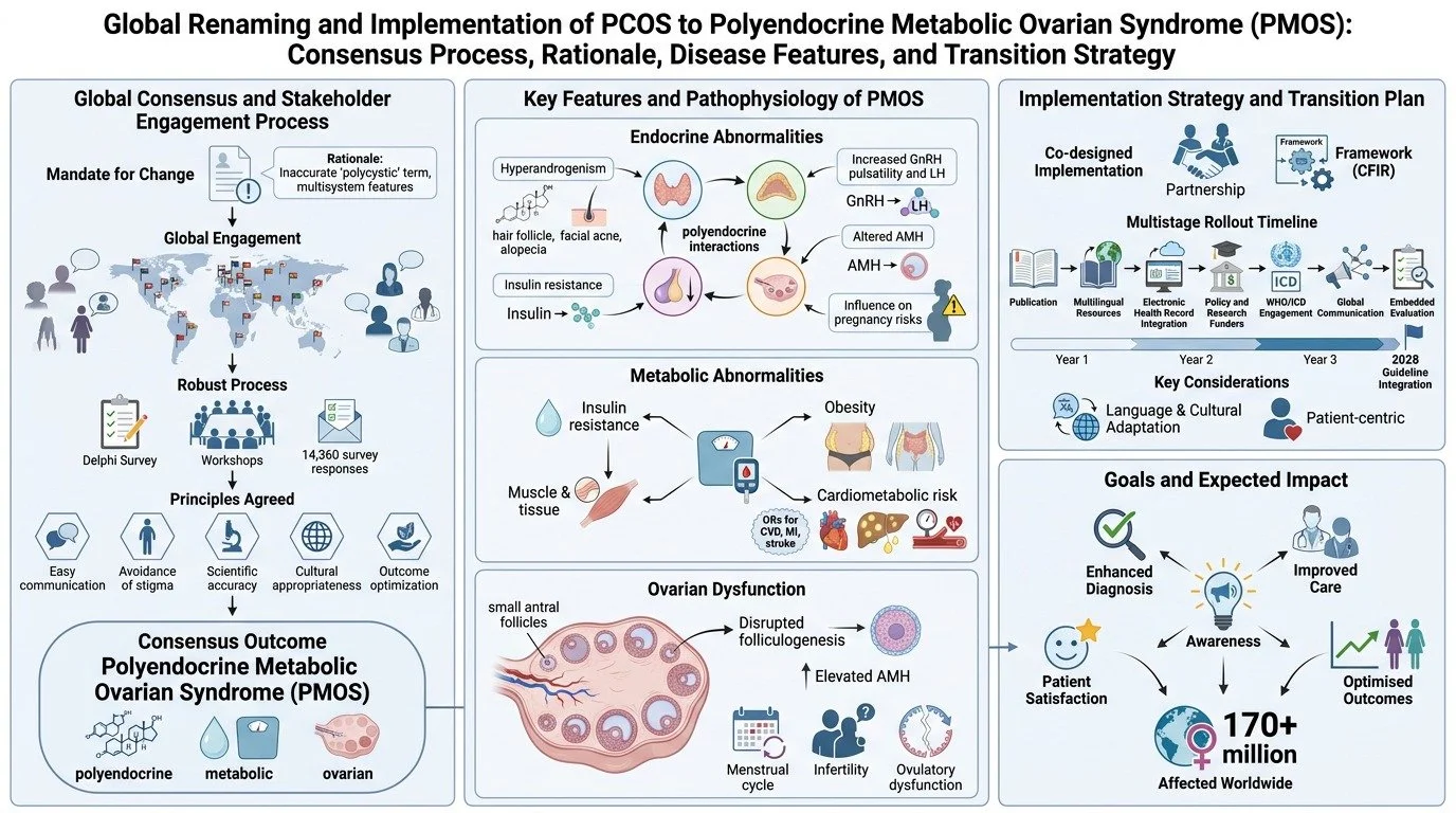 A detailed infographic titled 'Global Renaming and Implementation of PCOS to Polvnedocrine Metabolic Ovarian Syndrome (PMOS): Consensus Process, Rationale, Disease Features, and Transition Strategy' showing sections on global consensus, key features,