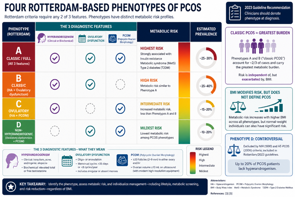 Chart detailing Rotterdam-based phenotypes of PCOS, including criteria and risk levels for four types: Classic/Full, Classic, Ovulatory, and Non-hyperandrogenic, with associated features, metabolic risks, and prevalence estimates.