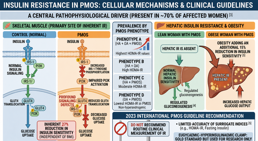 Diagram illustrating insulin resistance in PMOS, focusing on cellular mechanisms involving skeletal muscle, insulin signaling, and liver. Features control and PMOS conditions, phenotypes, and clinical guidelines.