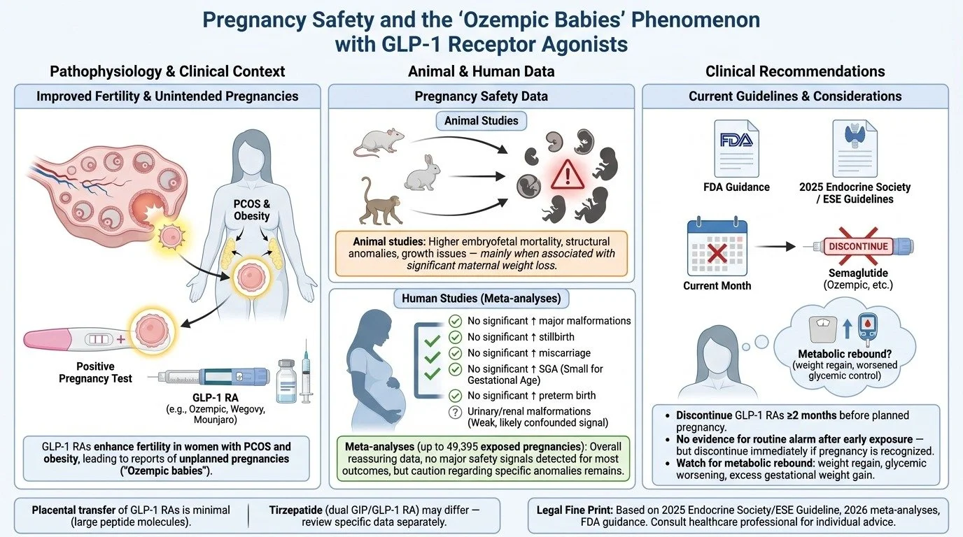 Infographic on pregnancy safety and the 'Ozempic Babies' phenomenon with GLP-1 receptor agonists. It covers pathophysiology, animal and human data, and clinical recommendations, including FDA guidance, endocrine society guidelines, and advice to disc