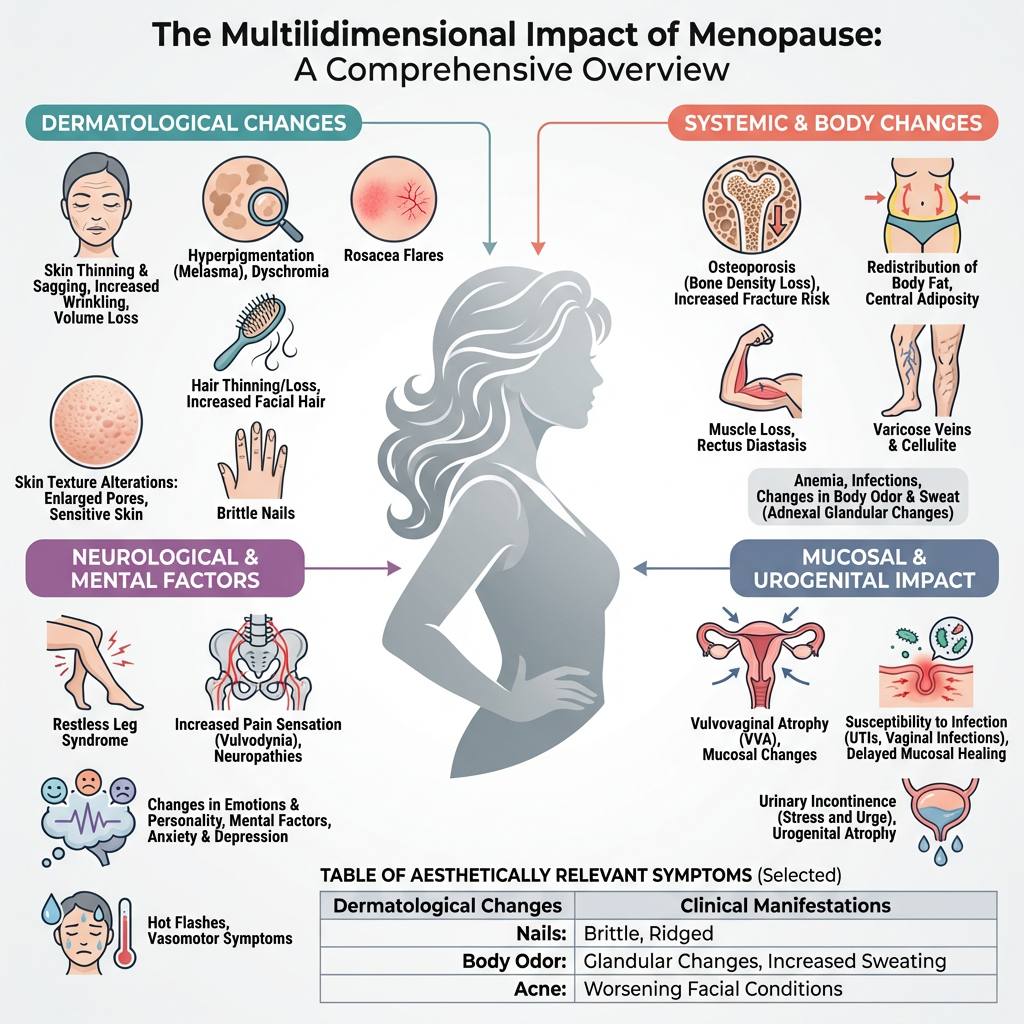 An infographic titled "The Multidimensional Impact of Menopause" showing various health effects divided into four categories: dermatological changes, systemic and body changes, neurological and mental factors, and mucosal and urogenital impact. The dermatological section includes skin thinning, hyperpigmentation, rosacea flares, hair thinning, skin texture alterations, and brittle nails. The systemic and body changes involve osteoporosis, redistribution of body fat, muscle loss, varicose veins, anemia, infections, and changes in body odor and sweat. The neurological and mental factors highlight restless leg syndrome, increased pain sensation, and emotional changes like anxiety and depression. The mucosal and urogenital impact features vulvovaginal atrophy, susceptibility to infections, urinary incontinence, and urogenital atrophy. A table at the bottom lists specific symptoms: brittle nails, glandular changes, increased sweating, worsening facial conditions, and vasomotor symptoms like hot flashes.