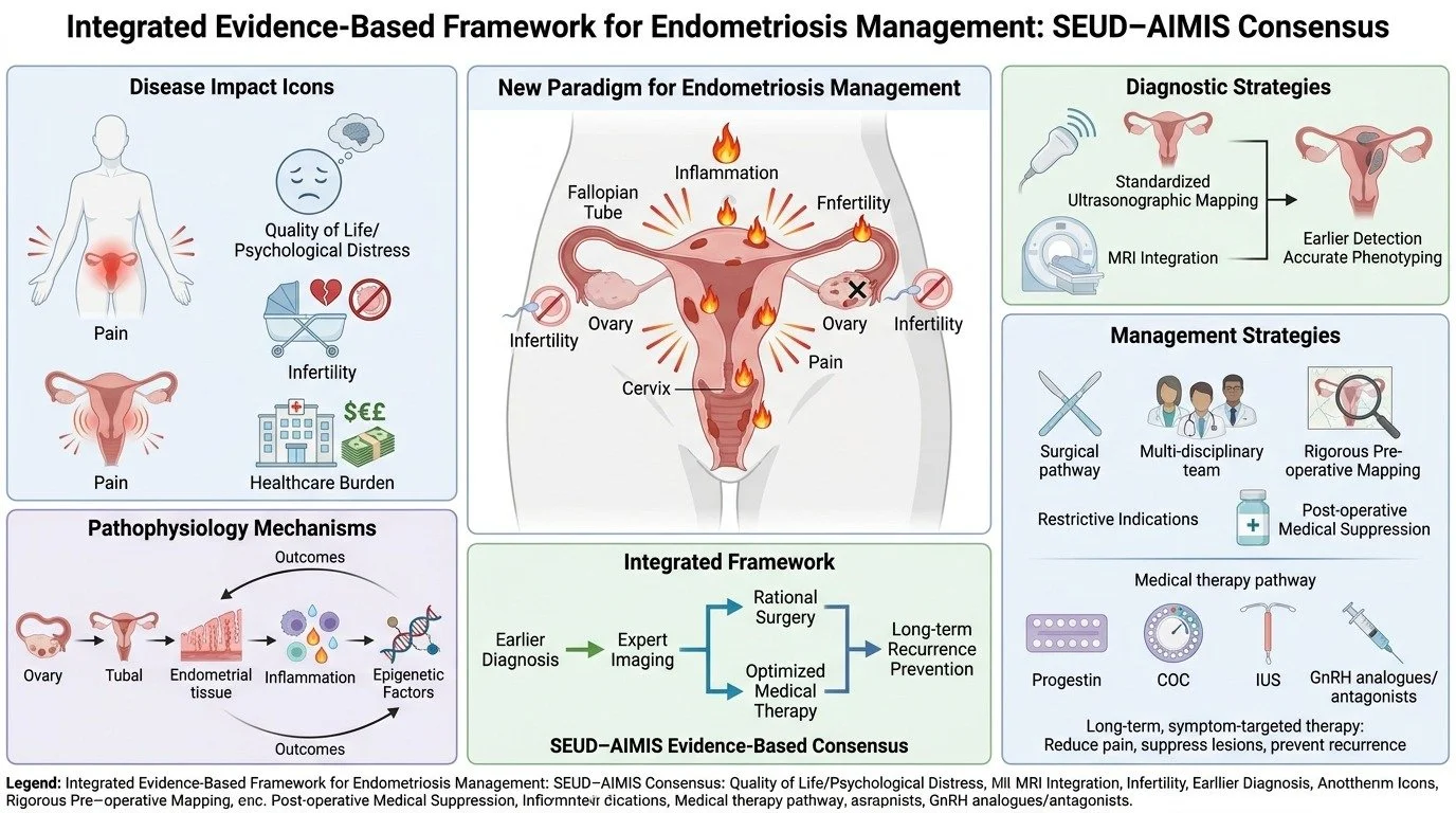 A comprehensive infographic illustrating an evidence-based framework for endometriosis management. It includes sections on disease impact icons showing pain, infertility, healthcare burden, and psychological distress; a new paradigm emphasizing infla