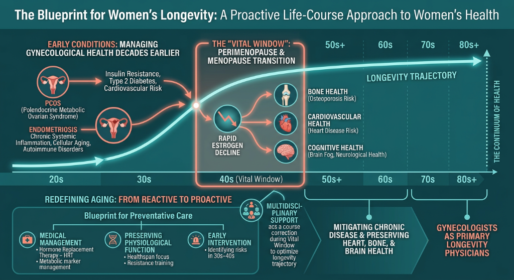 Infographic titled 'The Blueprint for Women's Longevity: A Proactive Life-Course Approach to Women's Health'. It shows a timeline from 20s to 80s+ highlighting early conditions like PCOS and Endometriosis affecting gynecological health earlier, and t