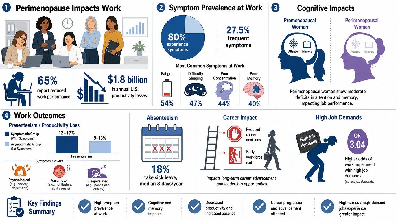 Infographic titled 'Perimenopause Impacts Work.' It includes illustrations of women and data points about menopause symptoms, work performance, and career impact; a pie chart showing 80% experience symptoms, bar and percentage data on work impairment