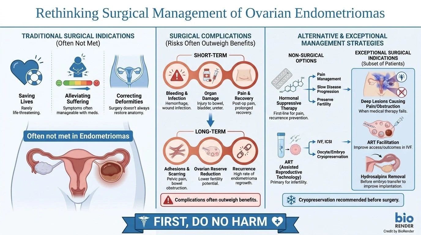 Chart titled 'Rethinking Surgical Management of Ovarian Endometriomas' comparing traditional surgery, surgical complications, and alternative management options, including non-surgical and exceptional surgical indications, with illustrations and desc