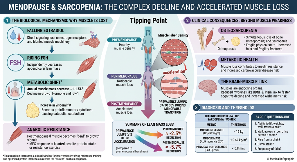 An infographic titled "Menopause & Sarcopenia: The Complex Decline and Accelerated Muscle Loss" explains the biological mechanisms and clinical consequences of muscle loss during menopause. It highlights the decline in muscle density starting at the 