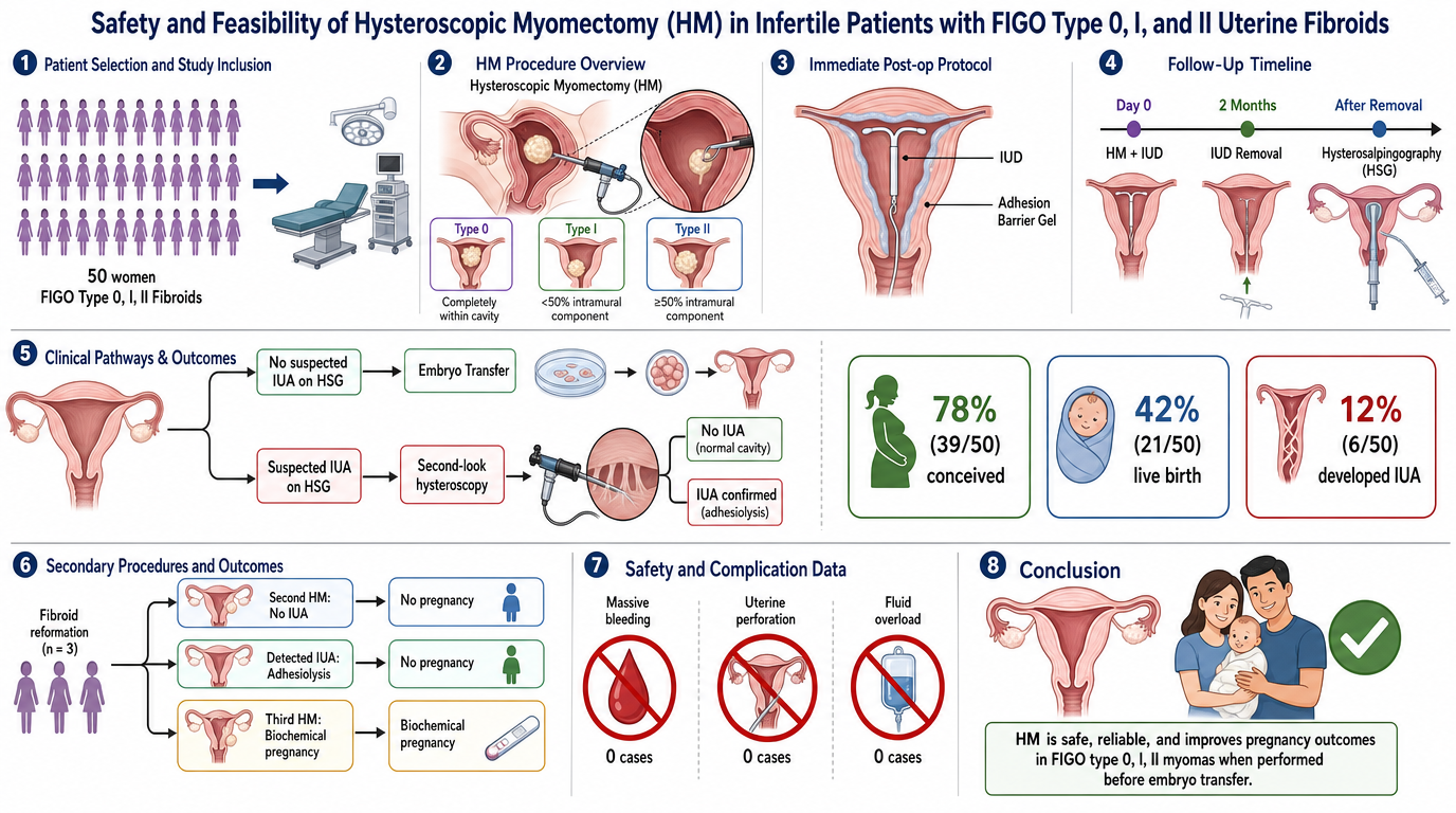 Flowchart illustrating the safety and feasibility of hysteroscopic myomectomy (HM) in infertile patients with FIGO type 0, I, and II uterine fibroids. It includes steps for patient selection, HM procedure, immediate post-op protocol, follow-up timeli