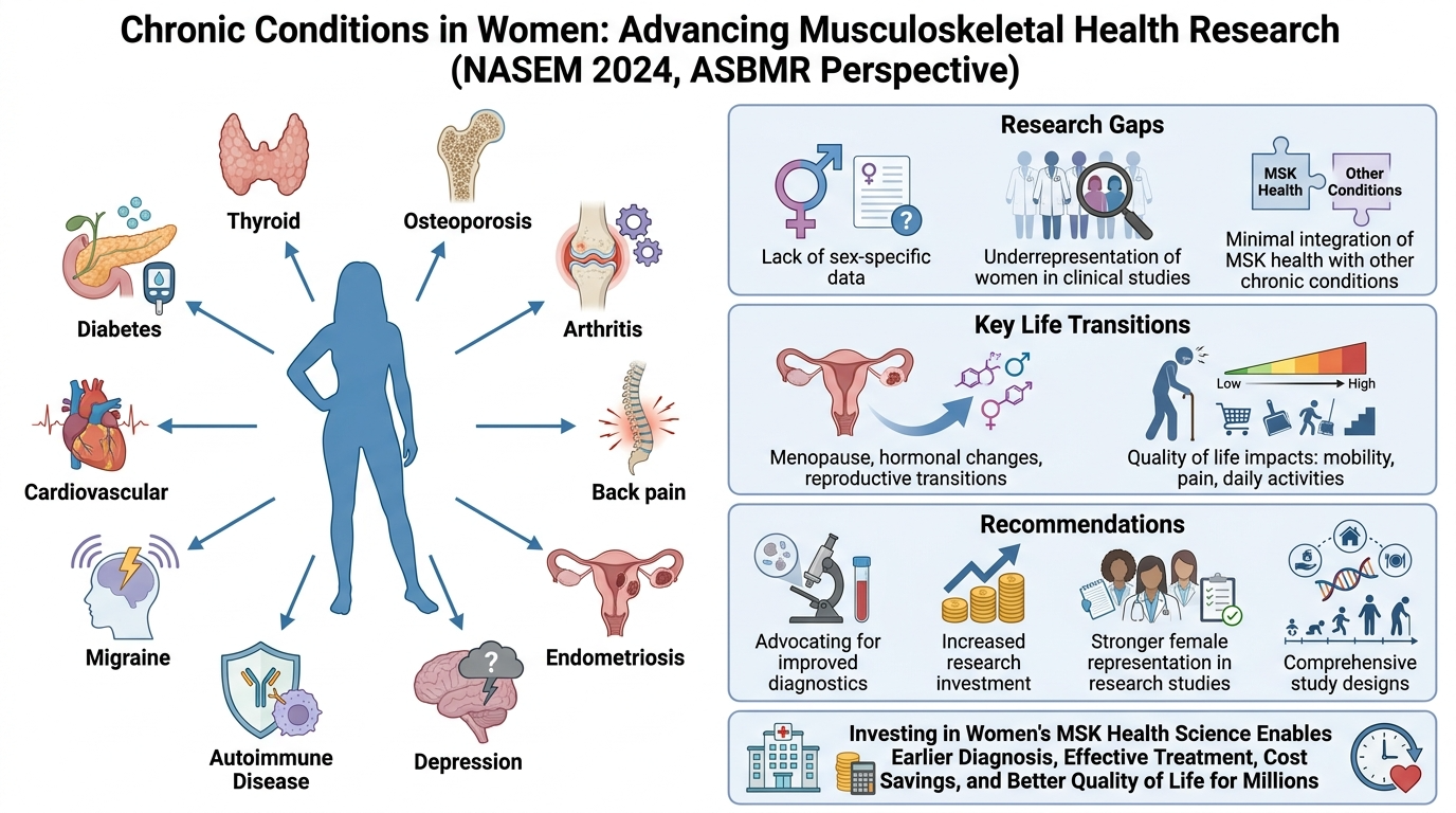 Diagram showing chronic conditions in women including thyroid issues, osteoporosis, arthritis, back pain, endometriosis, depression, autoimmune disease, migraine, cardiovascular disease, and diabetes. It highlights research gaps such as lack of sex-s