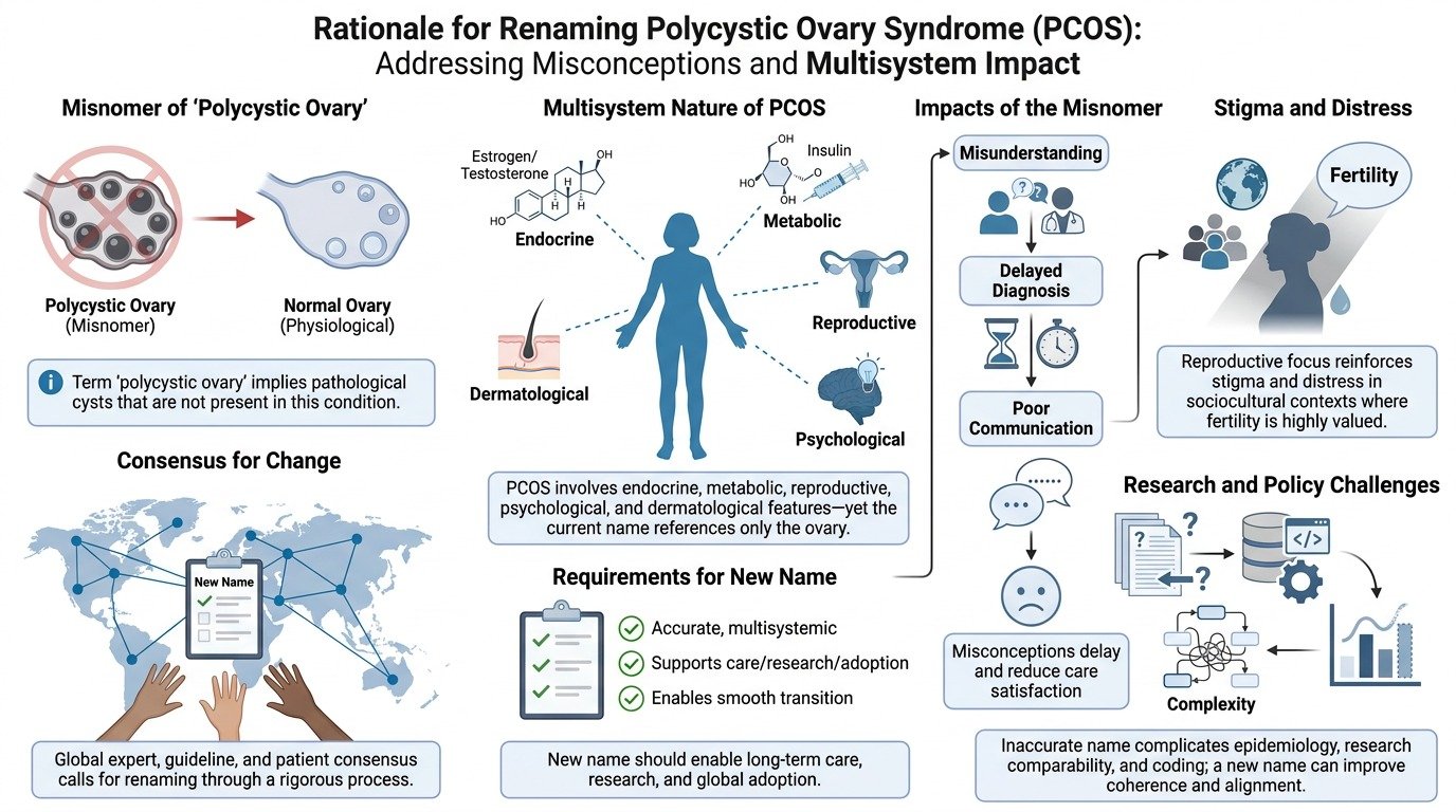 Infographic explaining the rationale for renaming Polycystic Ovary Syndrome (PCOS) to address misconceptions and multisystem impact. It shows the difference between a misnomer of polycystic ovary and a normal ovary, lists multisystem features like en