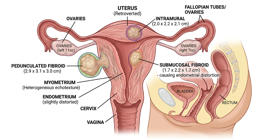 Diagram of female reproductive system with labeled parts including ovaries, fallopian tubes, uterus, endometrium, myometrium, cervix, vagina, and bladder. Shows fibroids and other structures.