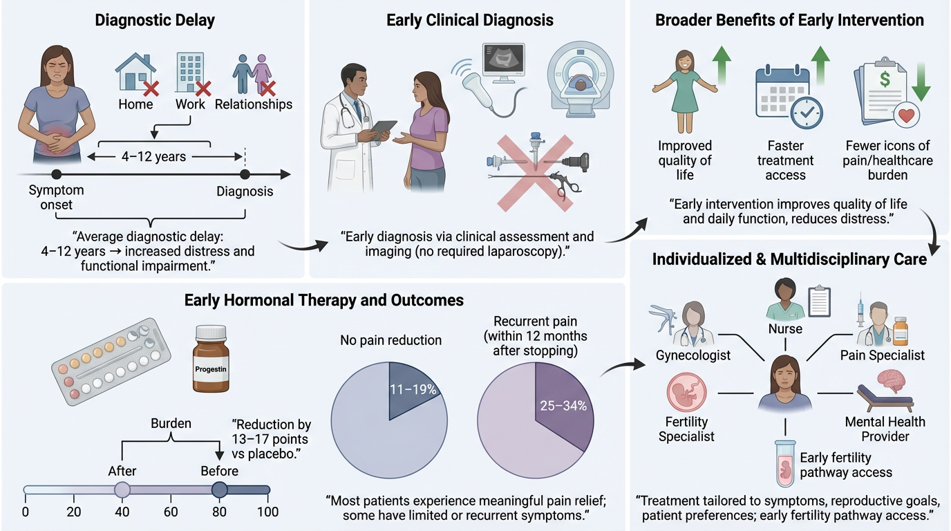 An infographic explaining benefits of early diagnosis and treatment of a health condition. Sections include diagnostic delay, early clinical diagnosis, broader benefits of early intervention, early hormonal therapy and outcomes, and individualized multidisciplinary care, with illustrations of patients, healthcare providers, and medical tools.