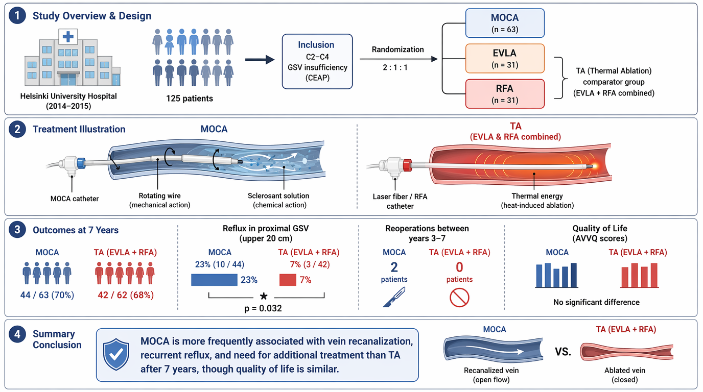 Flowchart of a medical study comparing two treatments for vein conditions at Helsinki University Hospital from 2014-2015. Sections include study overview and design, treatment illustration, outcomes at 7 years, and a summary conclusion.