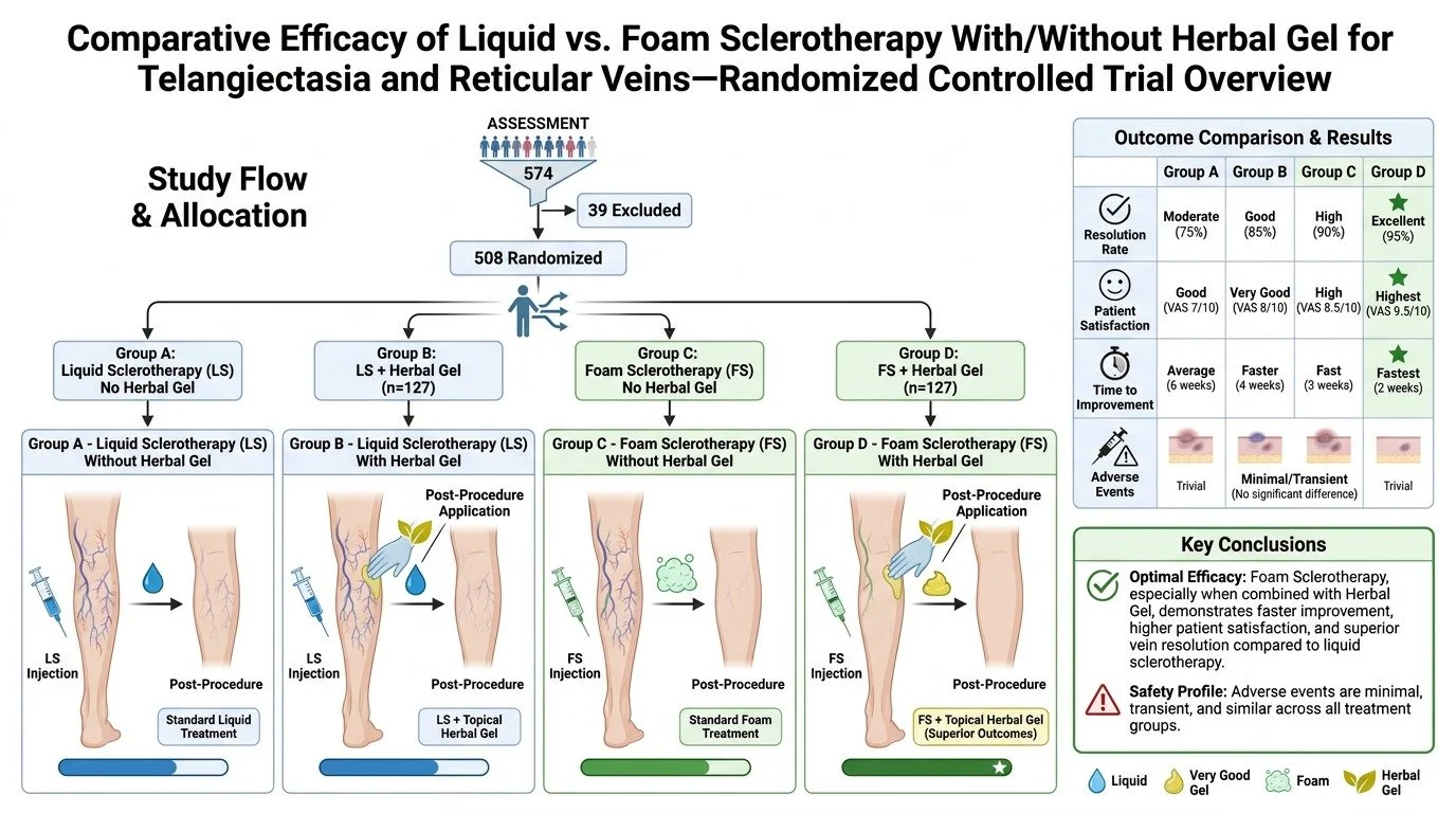 Flowchart comparing efficacy of liquid versus foam sclerotherapy with/without herbal gel for telangiectasia and reticular veins, showing study design, treatment groups, and outcome results with high resolution, better patient satisfaction, faster imp