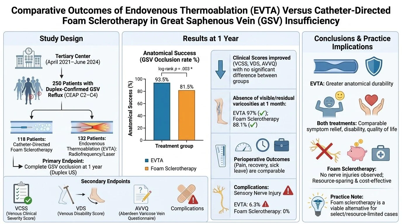 A medical infographic comparing outcomes of Endovenous Thermoablation versus catheter-directed foam sclerotherapy in treating Great Saphenous Vein Insufficiency, including study design, results, and practice implications.
