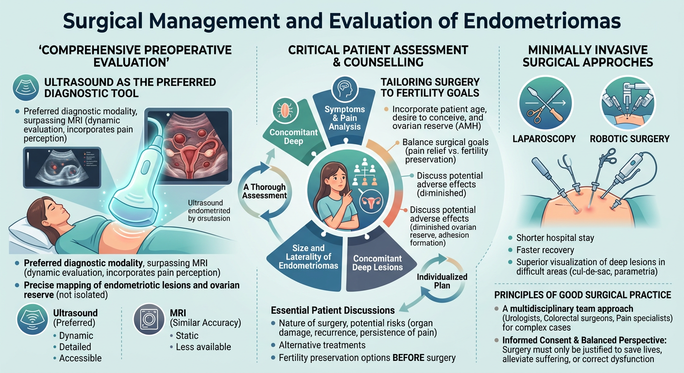 Diagram illustrating surgical management and evaluation of endometriomas, including preoperative assessment, critical patient evaluation, minimally invasive surgical approaches, and principles of good surgical practice.