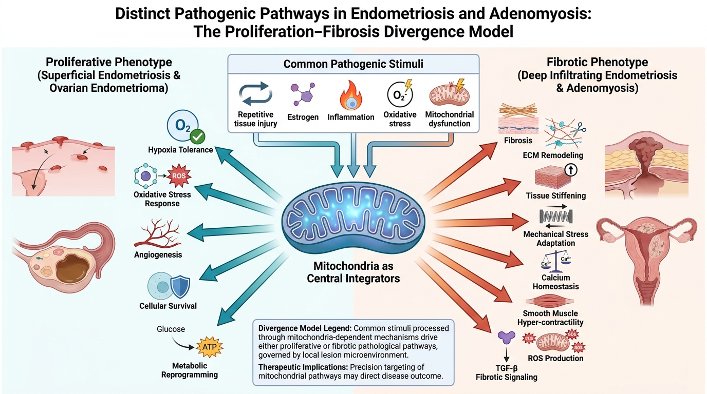 Diagram illustrating distinct pathogenic pathways in endometriosis and adenomyosis, showing how mitochondria act as central integrators in proliferation and fibrosis divergence model, with influences like common stimuli, pathological features, and th